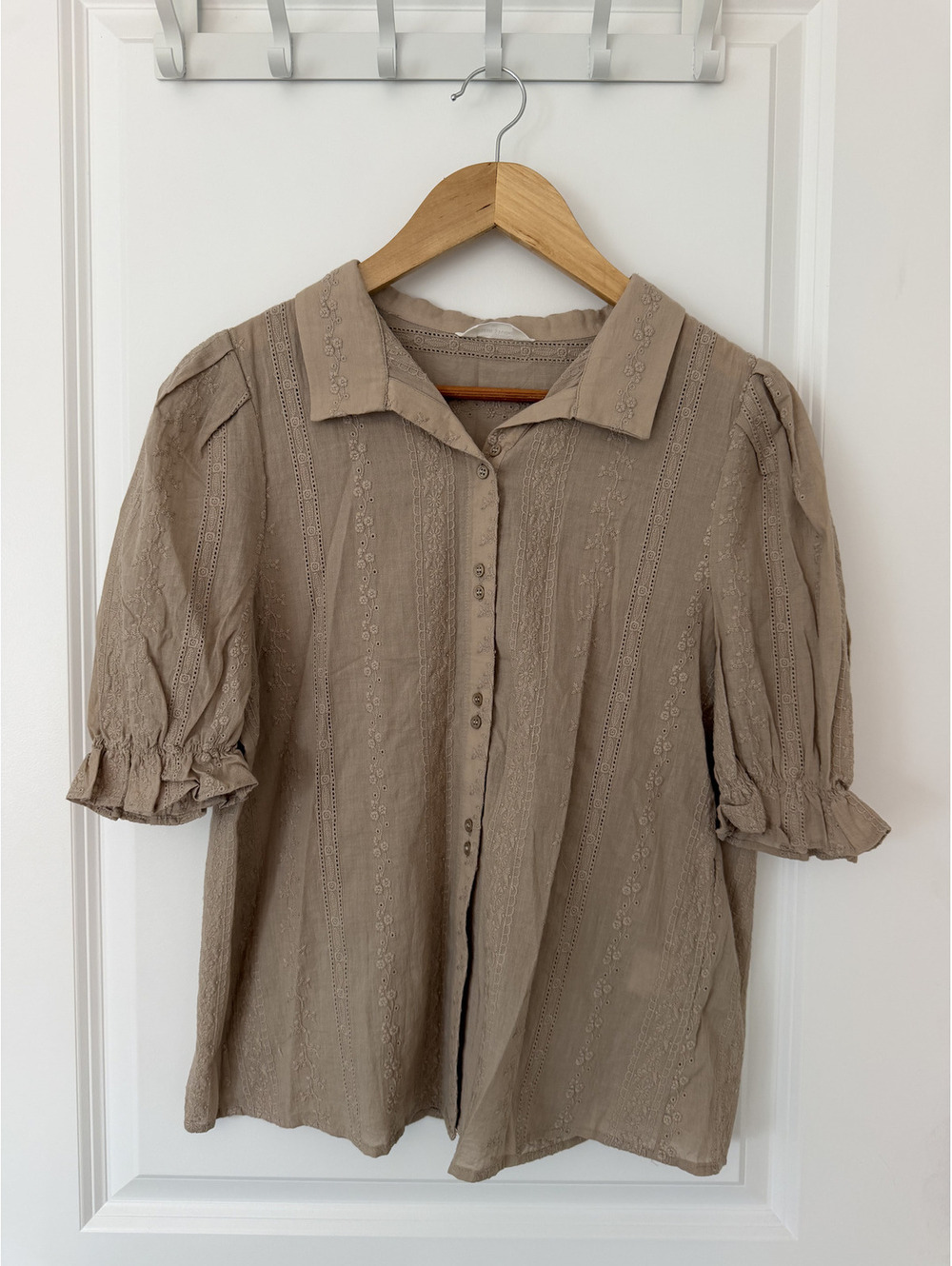 Juslin Studio Beige Embroidered Button-Up Blouse with Puff Sleeves